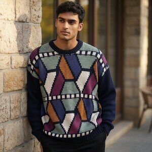 Vintage Men’s Concrete Mix Sweater Size L Geometric Knit Colorblock 80s Retro